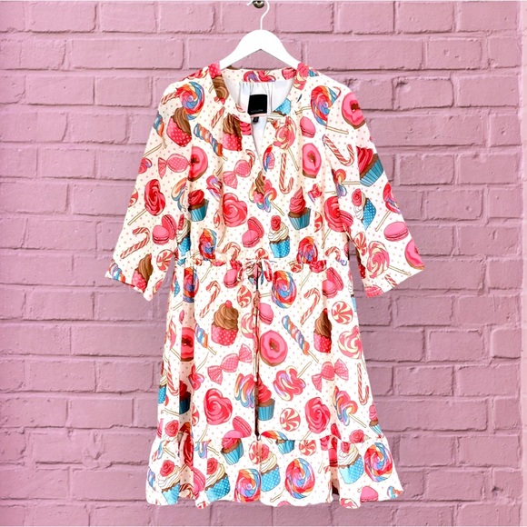 NWT Modcloth Candyland Chiffon Ruffled Hem Dress Sleeves Tie Waist Pink Blue 1X - Picture 7 of 14